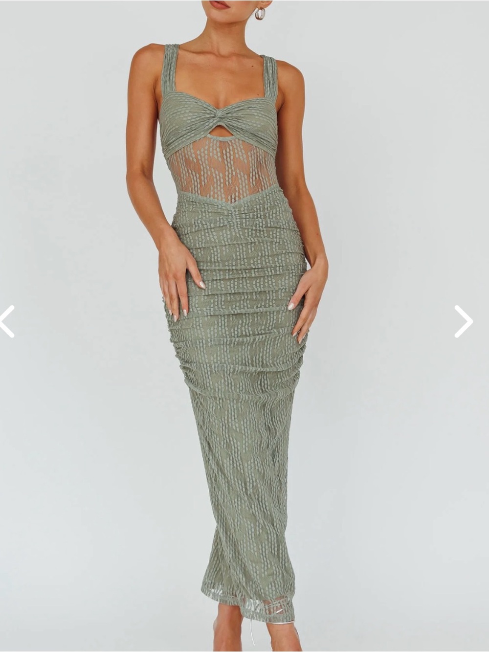 Selfie Leslie Sage Green Ruched Mesh Midi Dress